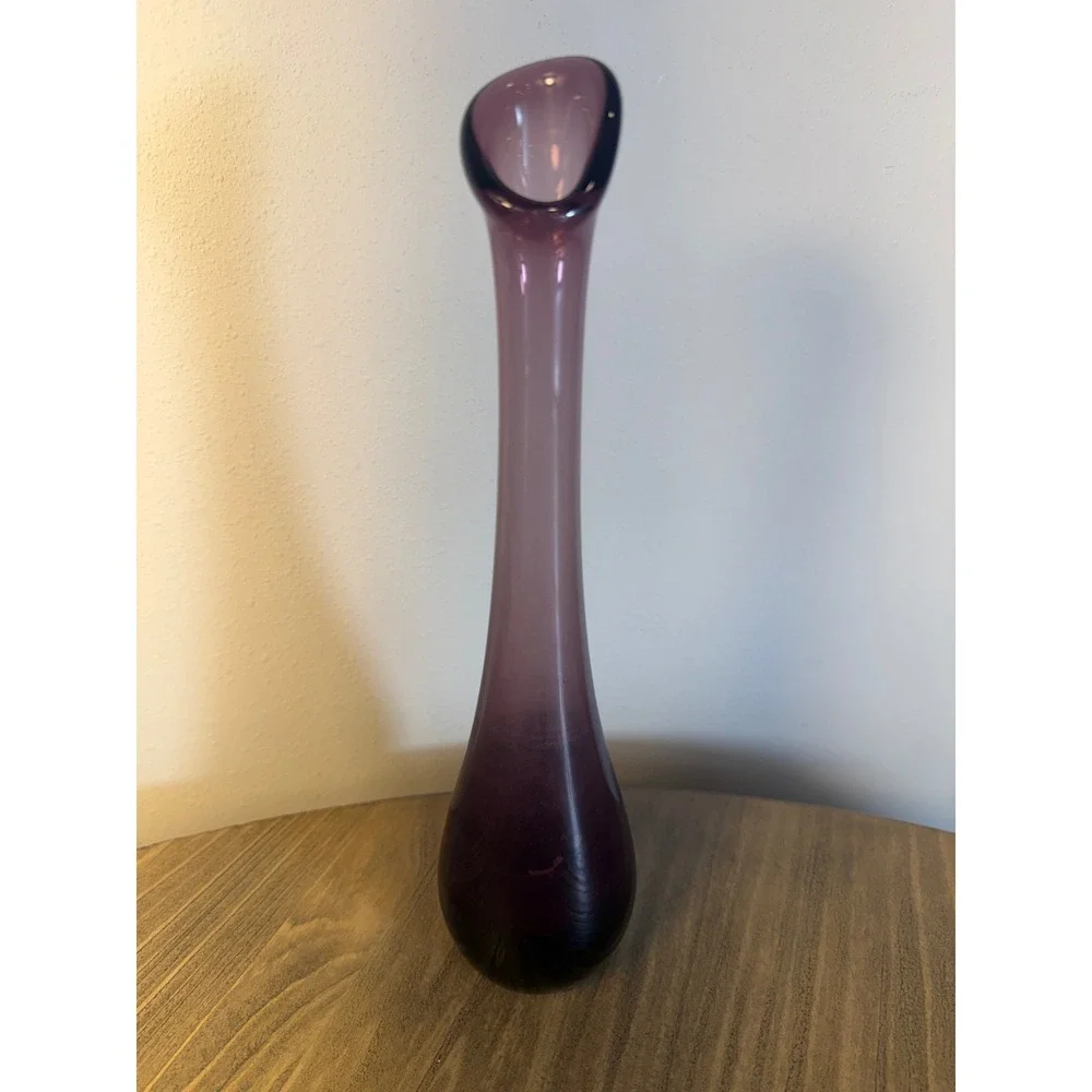 Vintage Mid Century Modern Amethyst Purple Swung Glass Bud Vase 11.25